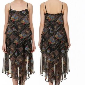 Free People Daisy Chain Layered Tiered Patchwork Black Combo Floral Dress Sz 4